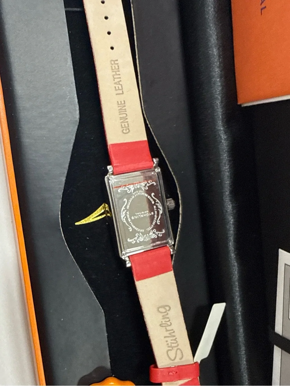 Stuhrling Original Red Floral Leather Strap Rectangular Dial Watch